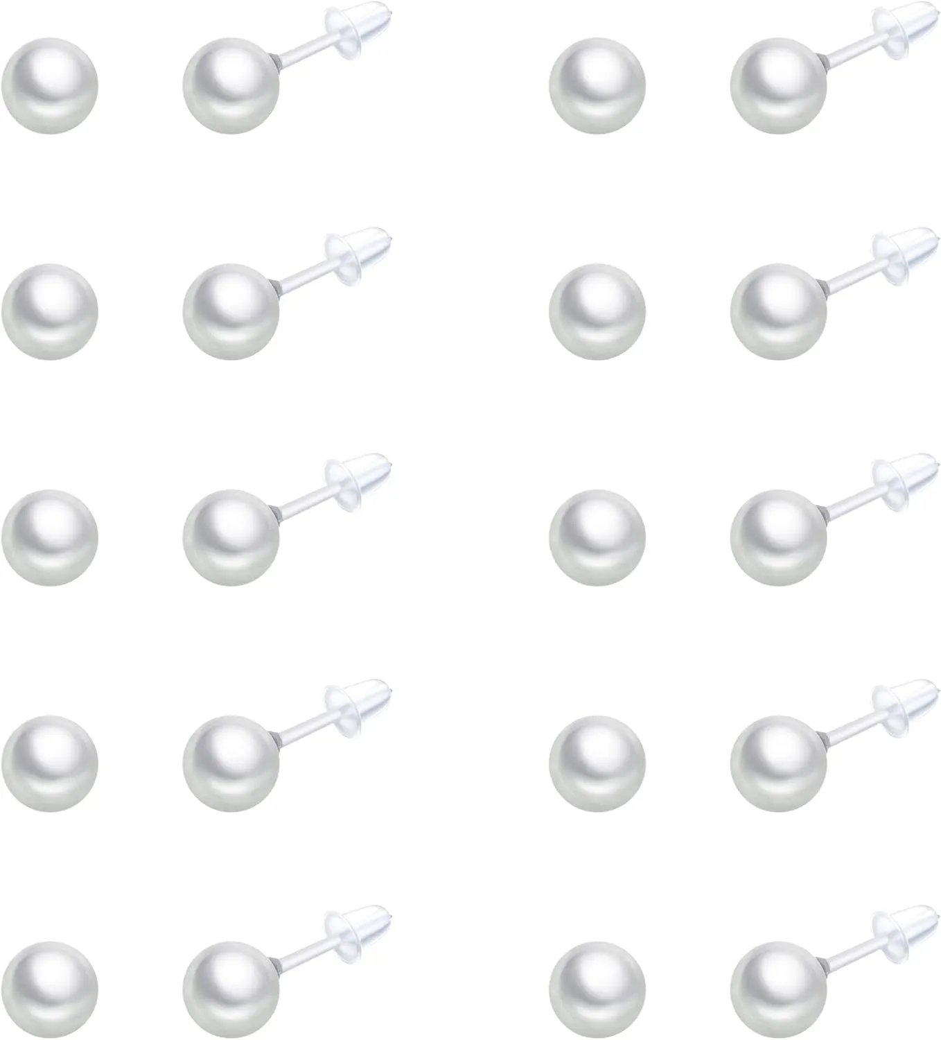 10 Pairs Faux Pearl Plastic Stud Earrings for Sensitive Ears - 4-10mm White Colorful Pearl Set for Women Girls - Silicone Post