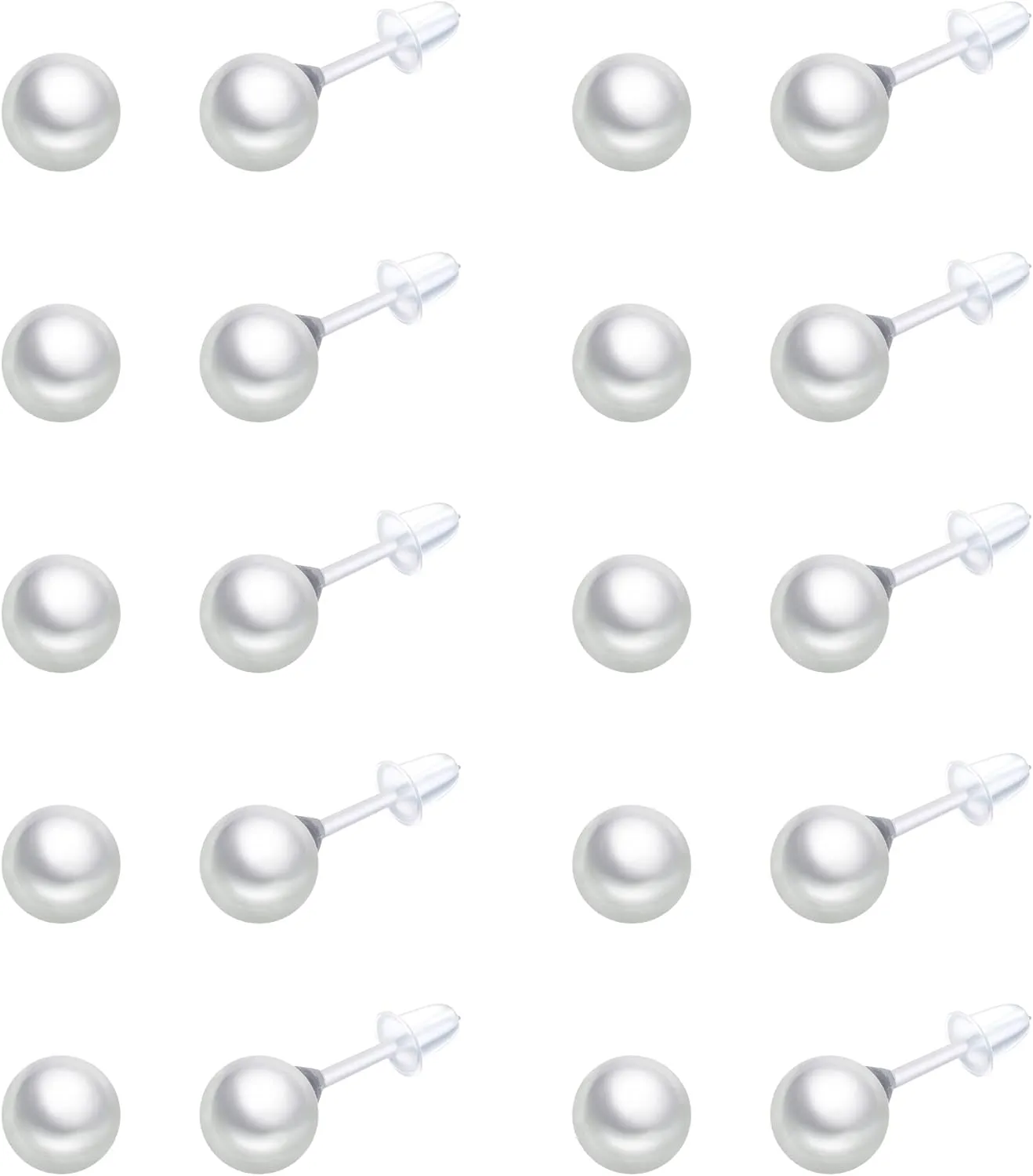 10 Pairs Faux Pearl Plastic Stud Earrings for Sensitive Ears - 4-10mm White Colorful Pearl Set for Women Girls - Silicone Post