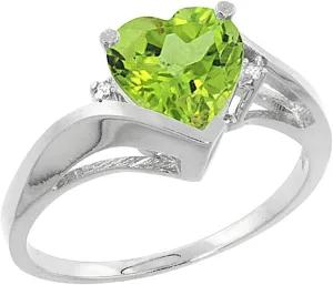10K White Gold Natural Peridot Heart Ring 7mm Diamond Accent, sizes 5 - 10