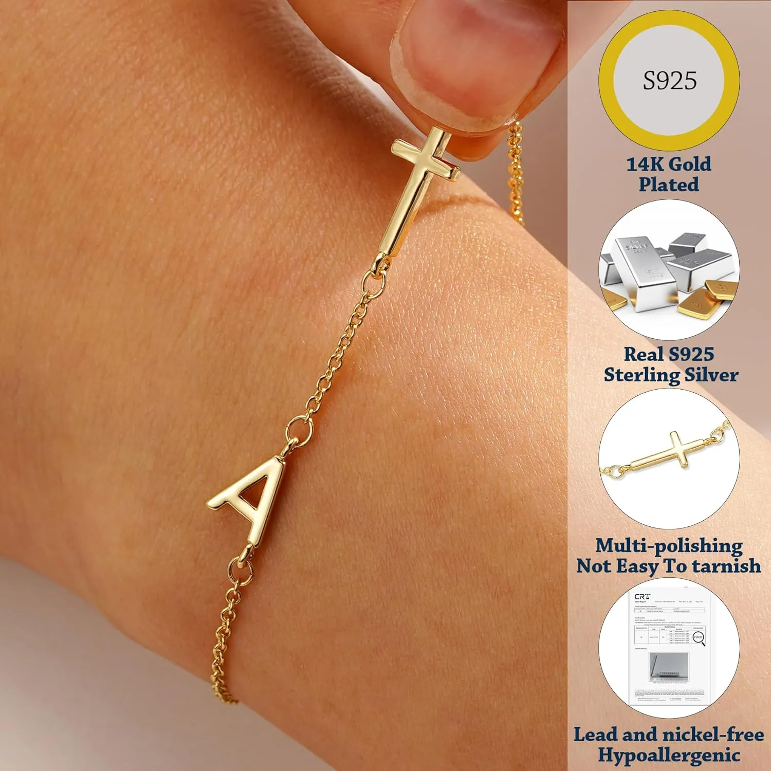 14K Gold Filled Initial Cross Bracelet,Sterling Silver Cross Bracelet Minimalist Tiny A-Z Letter Gold Chain Bracelet For Women Dainty Cross Jewelry Christian Gifts