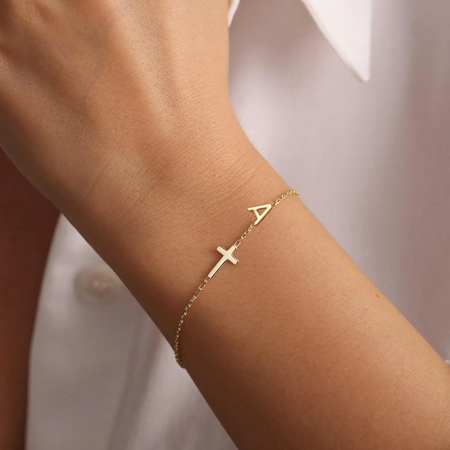 14K Gold Filled Initial Cross Bracelet,Sterling Silver Cross Bracelet Minimalist Tiny A-Z Letter Gold Chain Bracelet For Women Dainty Cross Jewelry Christian Gifts