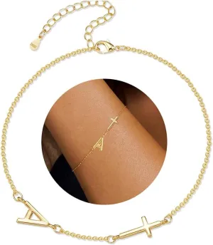 14K Gold Filled Initial Cross Bracelet,Sterling Silver Cross Bracelet Minimalist Tiny A-Z Letter Gold Chain Bracelet For Women Dainty Cross Jewelry Christian Gifts