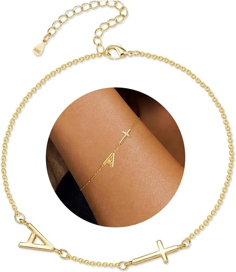 14K Gold Filled Initial Cross Bracelet,Sterling Silver Cross Bracelet Minimalist Tiny A-Z Letter Gold Chain Bracelet For Women Dainty Cross Jewelry Christian Gifts