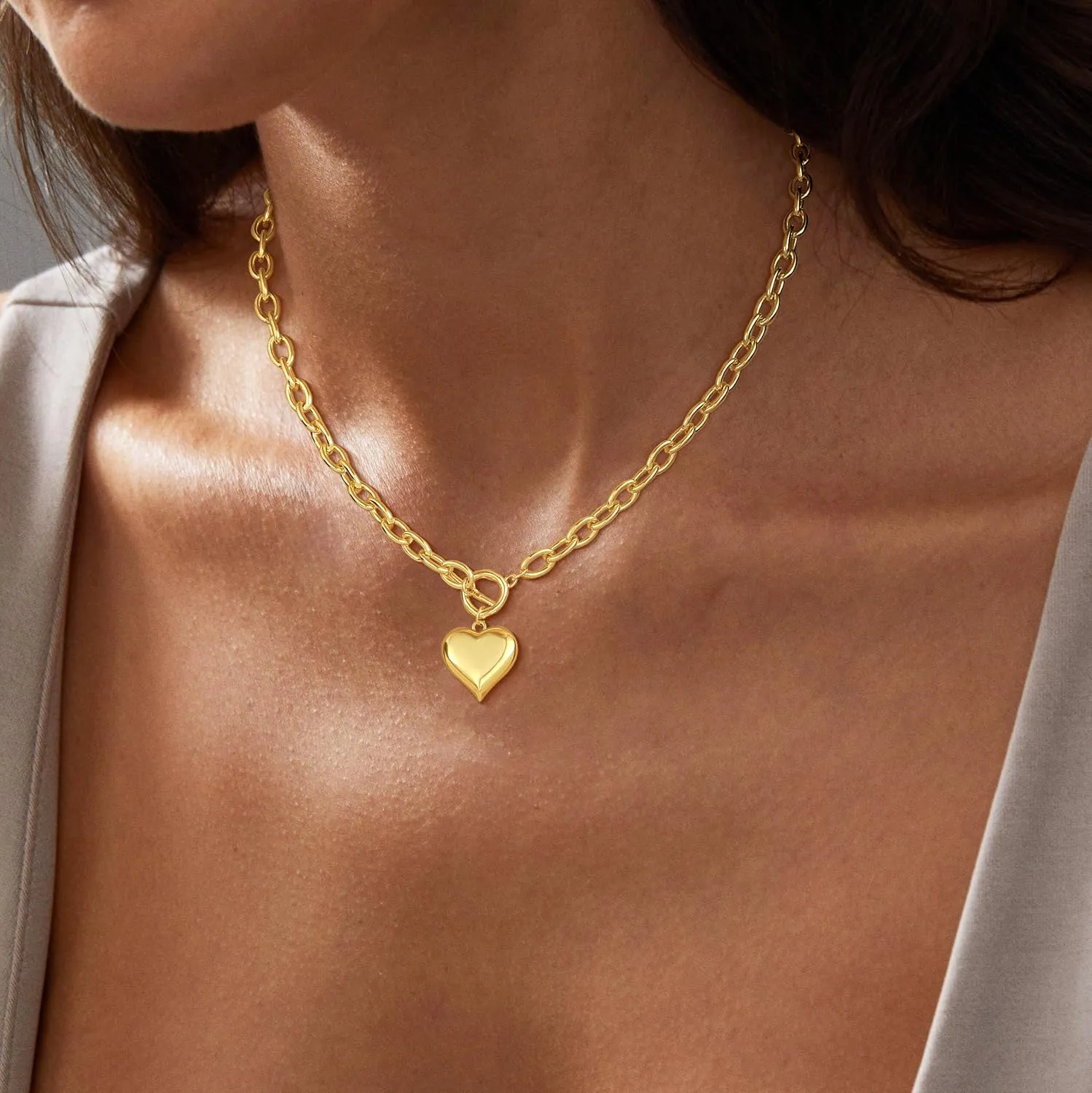 14K Gold Plated Necklace for Women Sweatproof, Non Tarnish Chunky Layered Chain Necklaces Thick Gold Layering Herringbone Paperclip Necklace Stacks Toggle Necklaces for Women Men