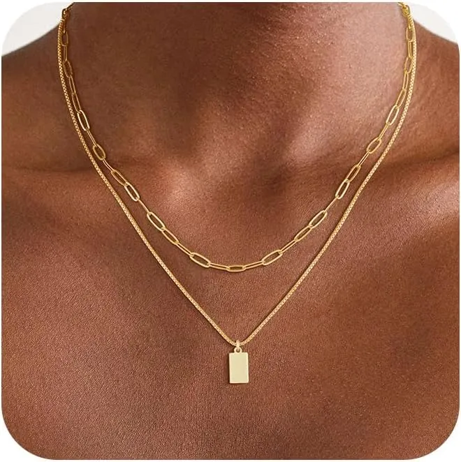 14K Gold Plated Necklace for Women Sweatproof, Non Tarnish Chunky Layered Chain Necklaces Thick Gold Layering Herringbone Paperclip Necklace Stacks Toggle Necklaces for Women Men