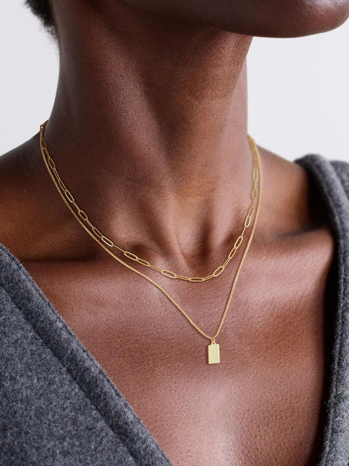 14K Gold Plated Necklace for Women Sweatproof, Non Tarnish Chunky Layered Chain Necklaces Thick Gold Layering Herringbone Paperclip Necklace Stacks Toggle Necklaces for Women Men