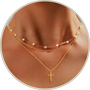 14K Gold Plated/Sterling Silver Cross Necklace for Women Dainty Tiny/Simple/Mini/Classic/Double CZ/Pearl set Cross Pendant Necklace Jewelry Gifts for Women