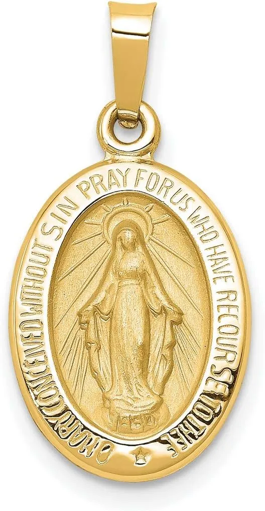 14k Gold Virgin Mary Miraculous Medal Pendant - Oval Mother Mary Necklace Charm with Sacred Words - Handcrafted Religious Jewelry Made in USA - Traditional Catholic Design