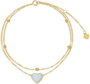 14K Solid Gold Heart Anklet for Women, Real Gold Layered Opal Anklet Bracelet Fine Jewelry Anniversary Birthday for Her, Wife, Mom, Girlfriend, 8'' 2''