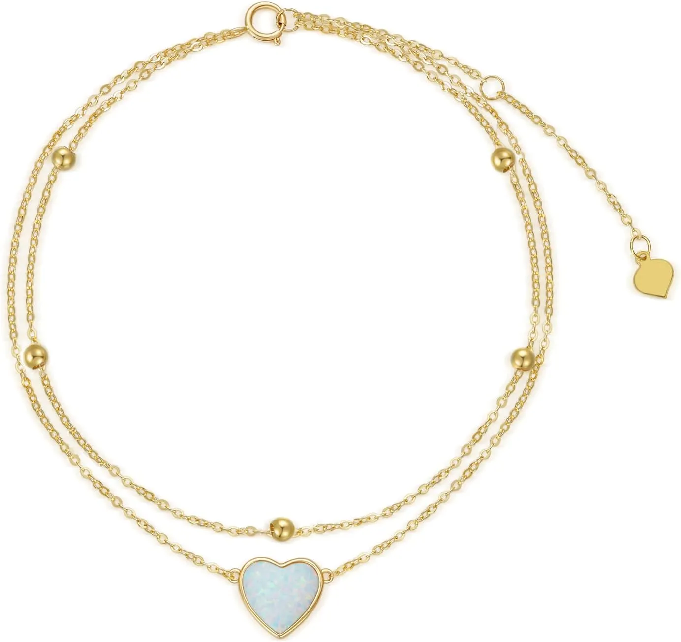 14K Solid Gold Heart Anklet for Women, Real Gold Layered Opal Anklet Bracelet Fine Jewelry Anniversary Birthday for Her, Wife, Mom, Girlfriend, 8'' 2''