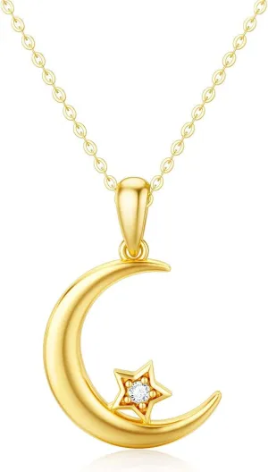 14K Solid Gold Natural Diamond Moon Star Necklace, Real Yellow Gold Crescent Moon Star Pendant Anniversary Birthday Jewelry Gifts for Women, Wife, Mom 16-18 Inch