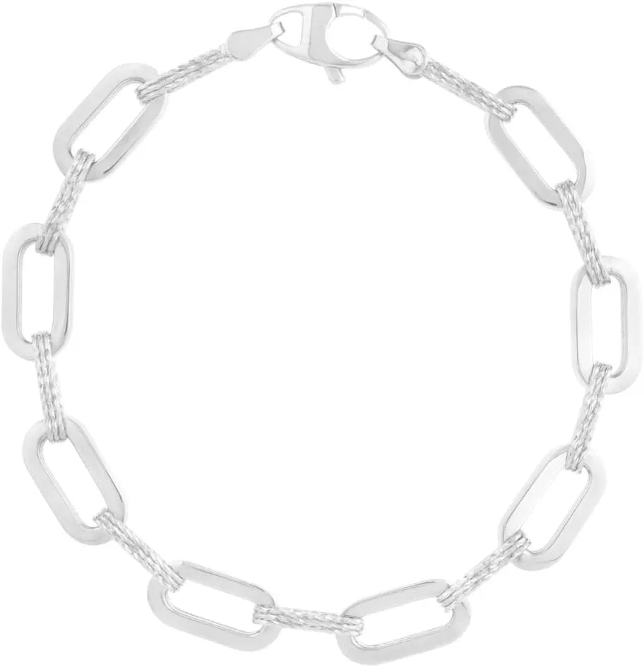 14K White Gold Diamond Cut/Textured Finish 7mm Diamant Paperclip Chain Bracelet with Lobster Clasp - 7"