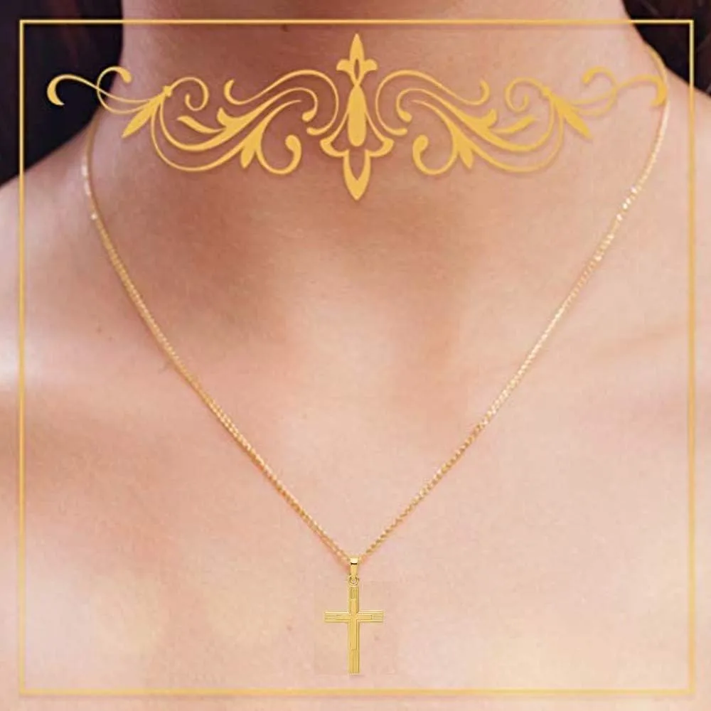 14K Yellow Gold and 14K White Gold Various Sizes Engine Turn Design Cross Religious Pendant Charm Necklaces Polished Fine Jewelry for Women and Men