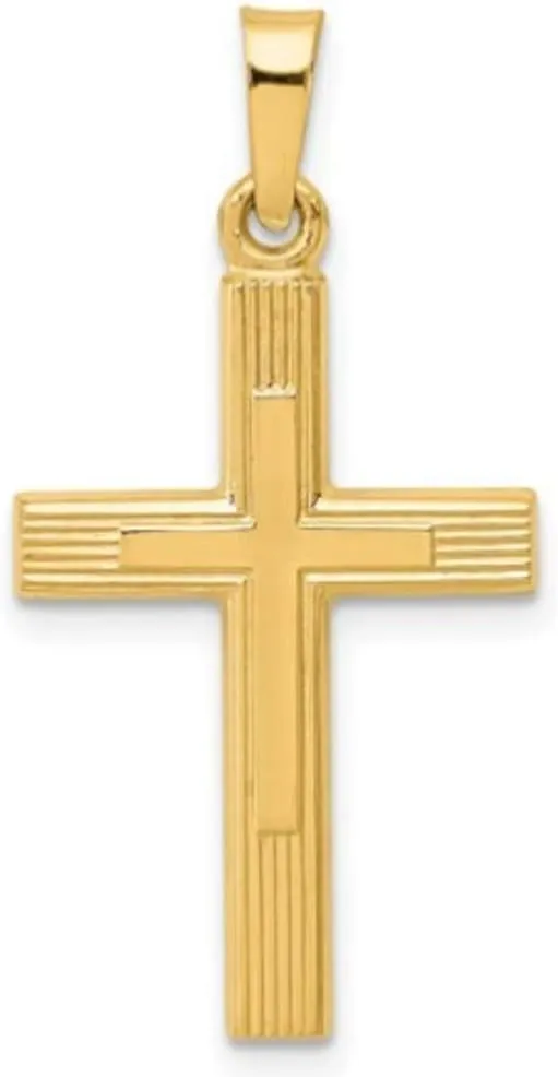 14K Yellow Gold and 14K White Gold Various Sizes Engine Turn Design Cross Religious Pendant Charm Necklaces Polished Fine Jewelry for Women and Men