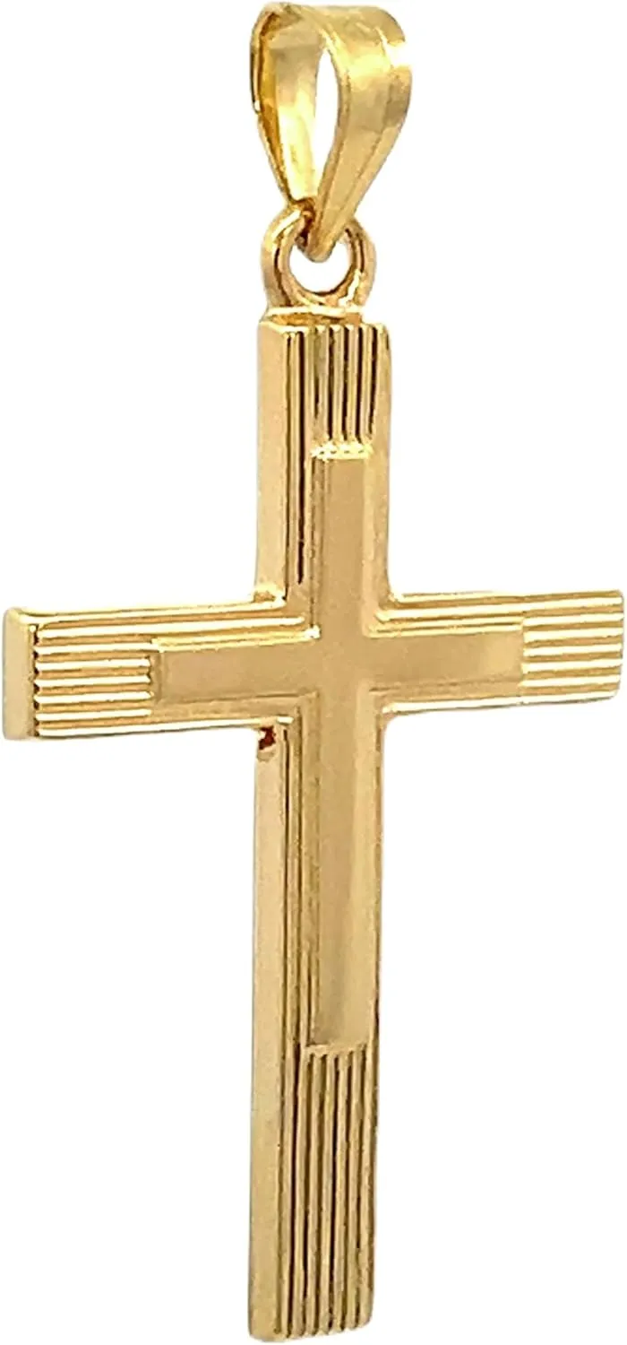 14K Yellow Gold and 14K White Gold Various Sizes Engine Turn Design Cross Religious Pendant Charm Necklaces Polished Fine Jewelry for Women and Men