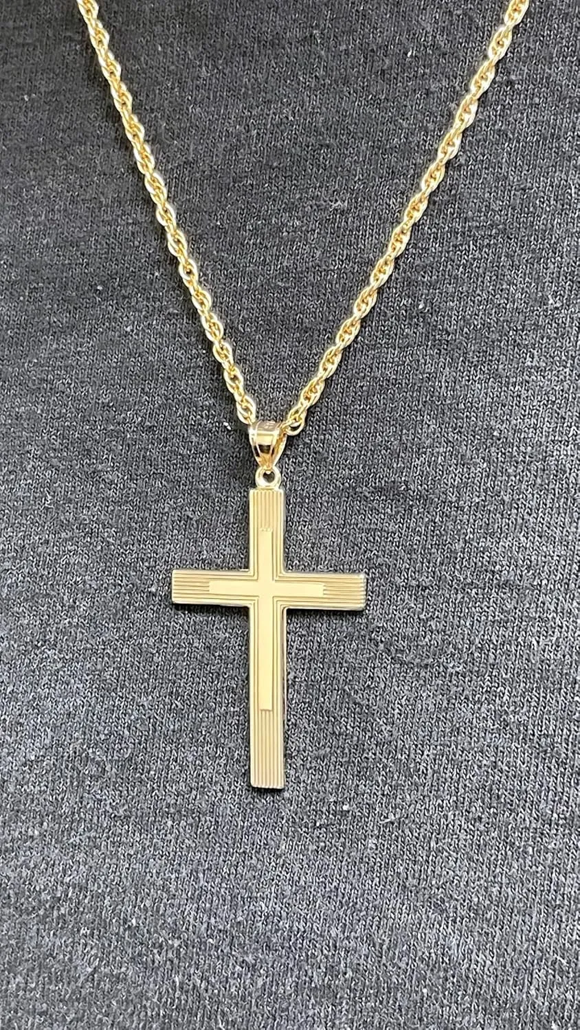 14K Yellow Gold and 14K White Gold Various Sizes Engine Turn Design Cross Religious Pendant Charm Necklaces Polished Fine Jewelry for Women and Men