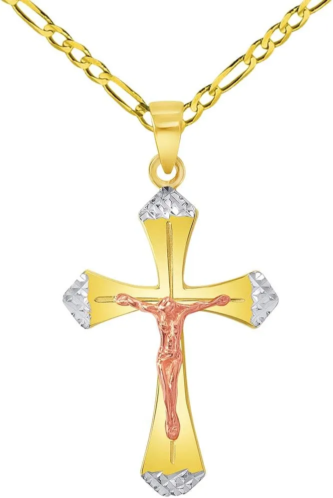 14k Yellow Gold and Rose Gold Textured Tri-Tone Religious Cross Jesus Crucifix Pendant with Figaro Chain Necklace