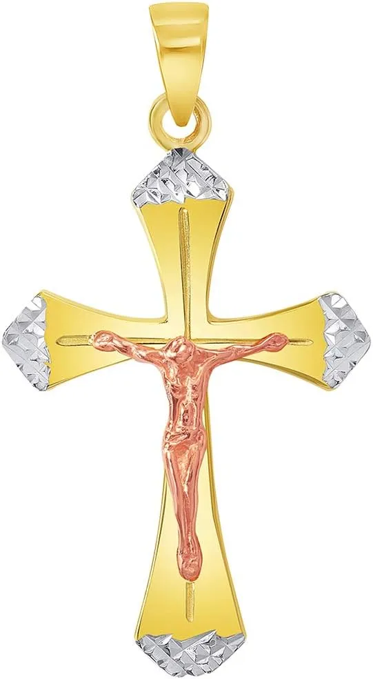 14k Yellow Gold and Rose Gold Textured Tri-Tone Religious Cross Jesus Crucifix Pendant with Figaro Chain Necklace