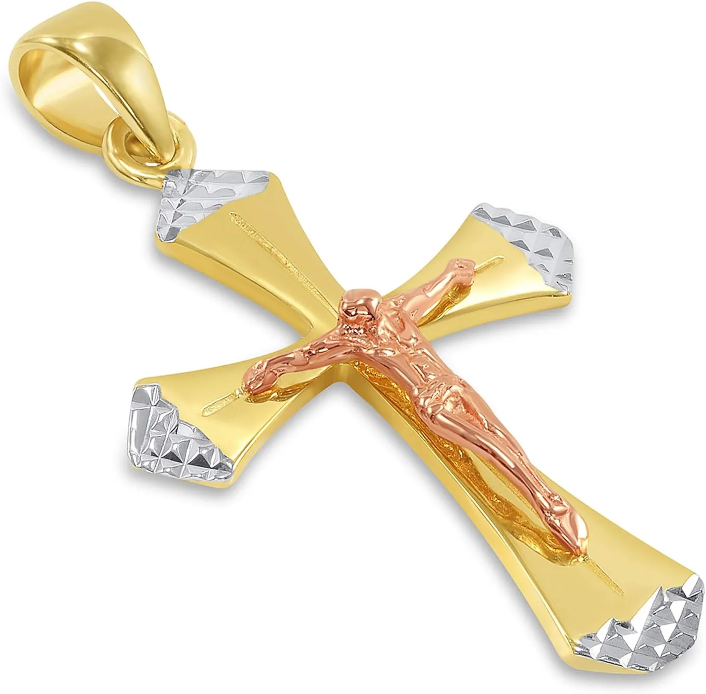 14k Yellow Gold and Rose Gold Textured Tri-Tone Religious Cross Jesus Crucifix Pendant with Figaro Chain Necklace