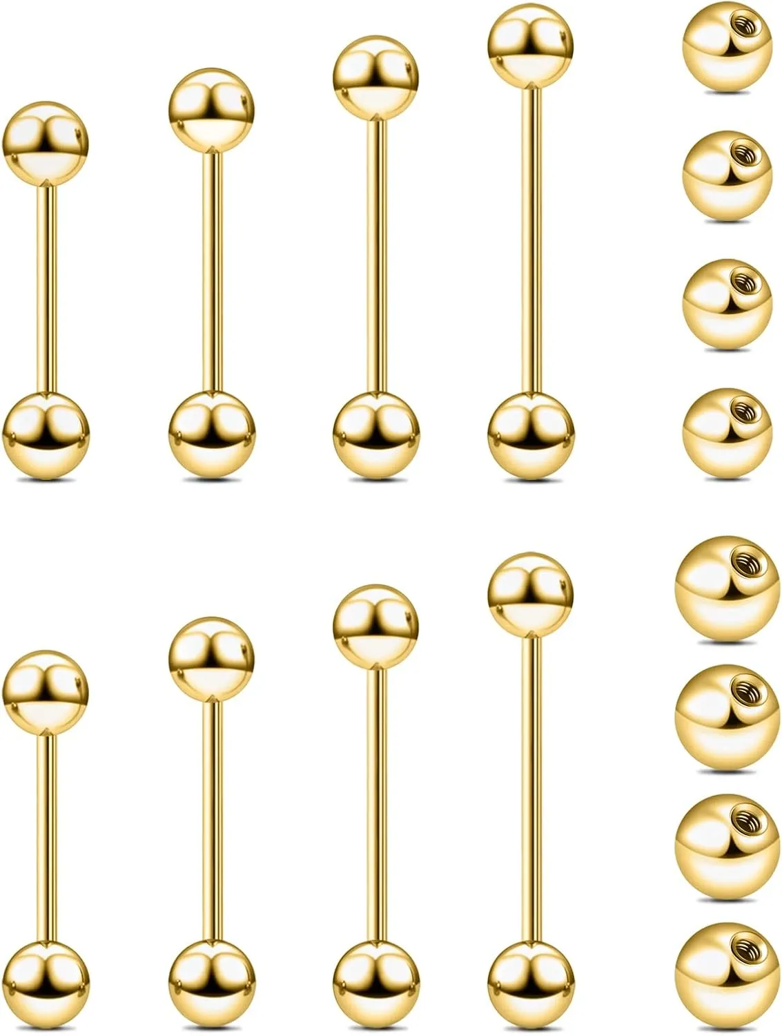 16PCS 14G 16G Tongue Rings Stainless Steel Nipple Ring Straight Barbells Short Long Bar Silver Black Gold Bridge Piercings For Women Men 12Mm 14Mm 16Mm 18Mm Length Ball Size 5MM 6MM