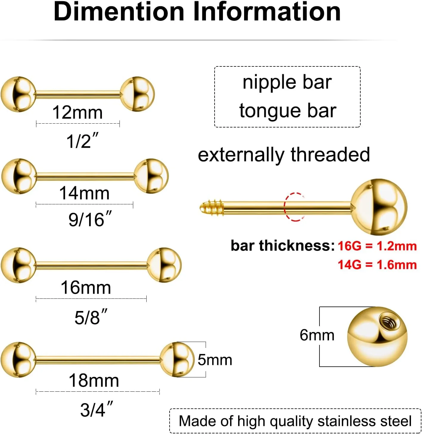 16PCS 14G 16G Tongue Rings Stainless Steel Nipple Ring Straight Barbells Short Long Bar Silver Black Gold Bridge Piercings For Women Men 12Mm 14Mm 16Mm 18Mm Length Ball Size 5MM 6MM