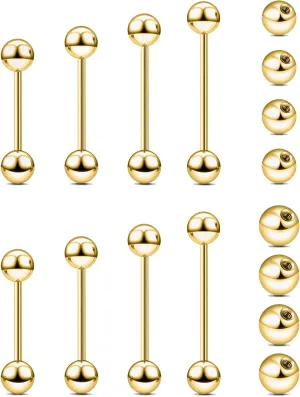 16PCS 14G 16G Tongue Rings Stainless Steel Nipple Ring Straight Barbells Short Long Bar Silver Black Gold Bridge Piercings For Women Men 12Mm 14Mm 16Mm 18Mm Length Ball Size 5MM 6MM