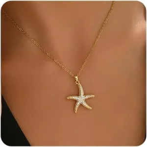 18K Gold Plated CZ Starfish Moon Pendant Necklace for Women Created Round White Opal Choker Necklace Dainty Gold Lucky Horseshoe Pearl Necklace Stainless Steel Jewelry