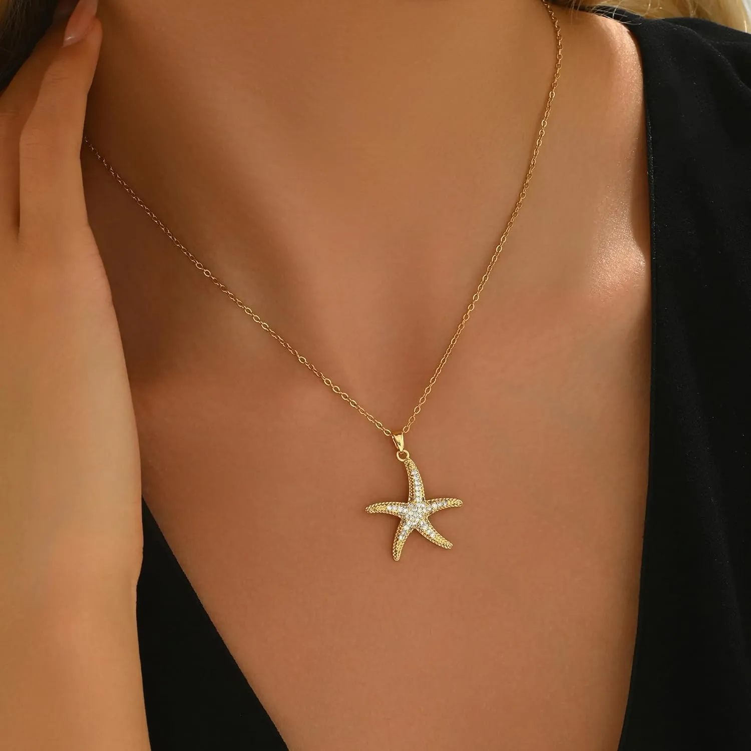 18K Gold Plated CZ Starfish Moon Pendant Necklace for Women Created Round White Opal Choker Necklace Dainty Gold Lucky Horseshoe Pearl Necklace Stainless Steel Jewelry