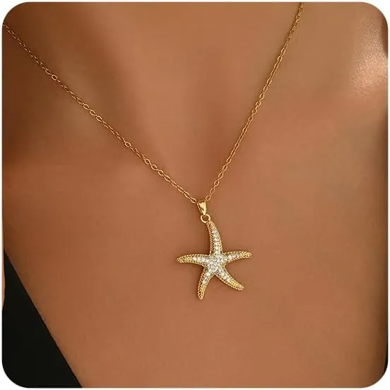 18K Gold Plated CZ Starfish Moon Pendant Necklace for Women Created Round White Opal Choker Necklace Dainty Gold Lucky Horseshoe Pearl Necklace Stainless Steel Jewelry