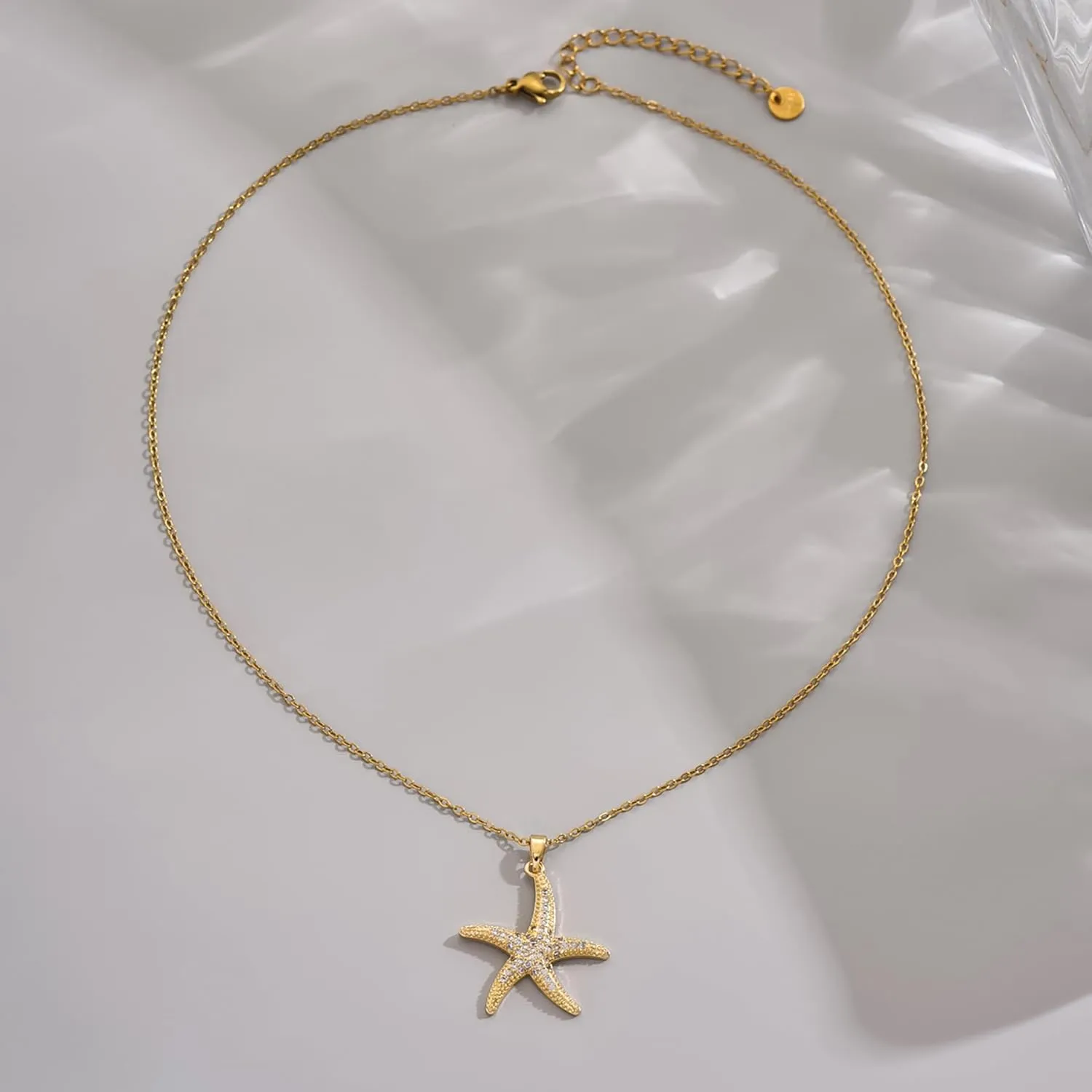 18K Gold Plated CZ Starfish Moon Pendant Necklace for Women Created Round White Opal Choker Necklace Dainty Gold Lucky Horseshoe Pearl Necklace Stainless Steel Jewelry