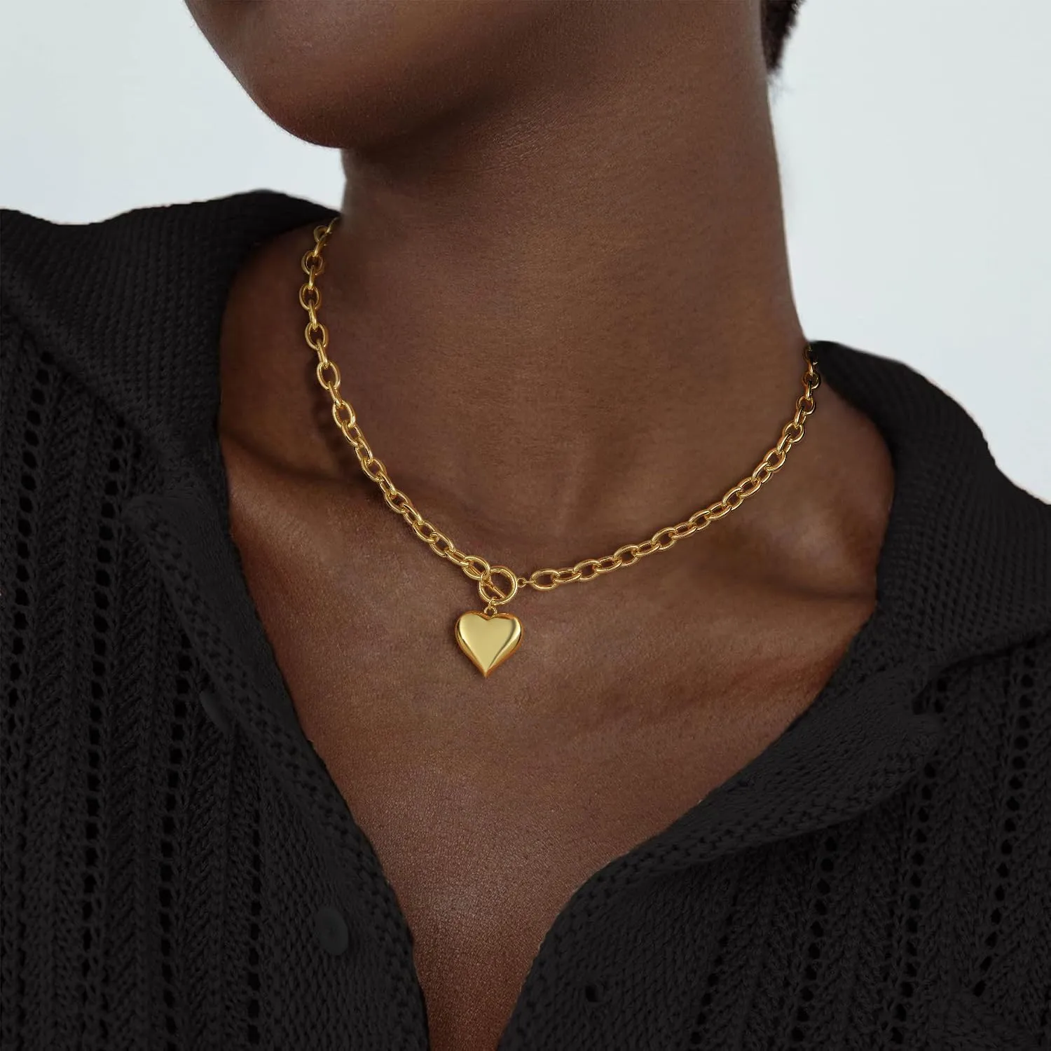 18K Gold Plated Necklace for Women, Heart Pendant Necklace Chunky Paperclip Choker Necklace for Gifts on Birthday Holidays Jewelry for Women