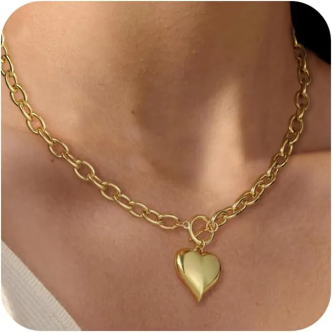 18K Gold Plated Necklace for Women, Heart Pendant Necklace Chunky Paperclip Choker Necklace for Gifts on Birthday Holidays Jewelry for Women