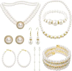19 Pcs Pearl Necklace Earrings Set for Women 1920s Faux Pearl Necklace Simulated Pearls Bracelet Costume Jewelry Pearls Accessories for Gift Wedding