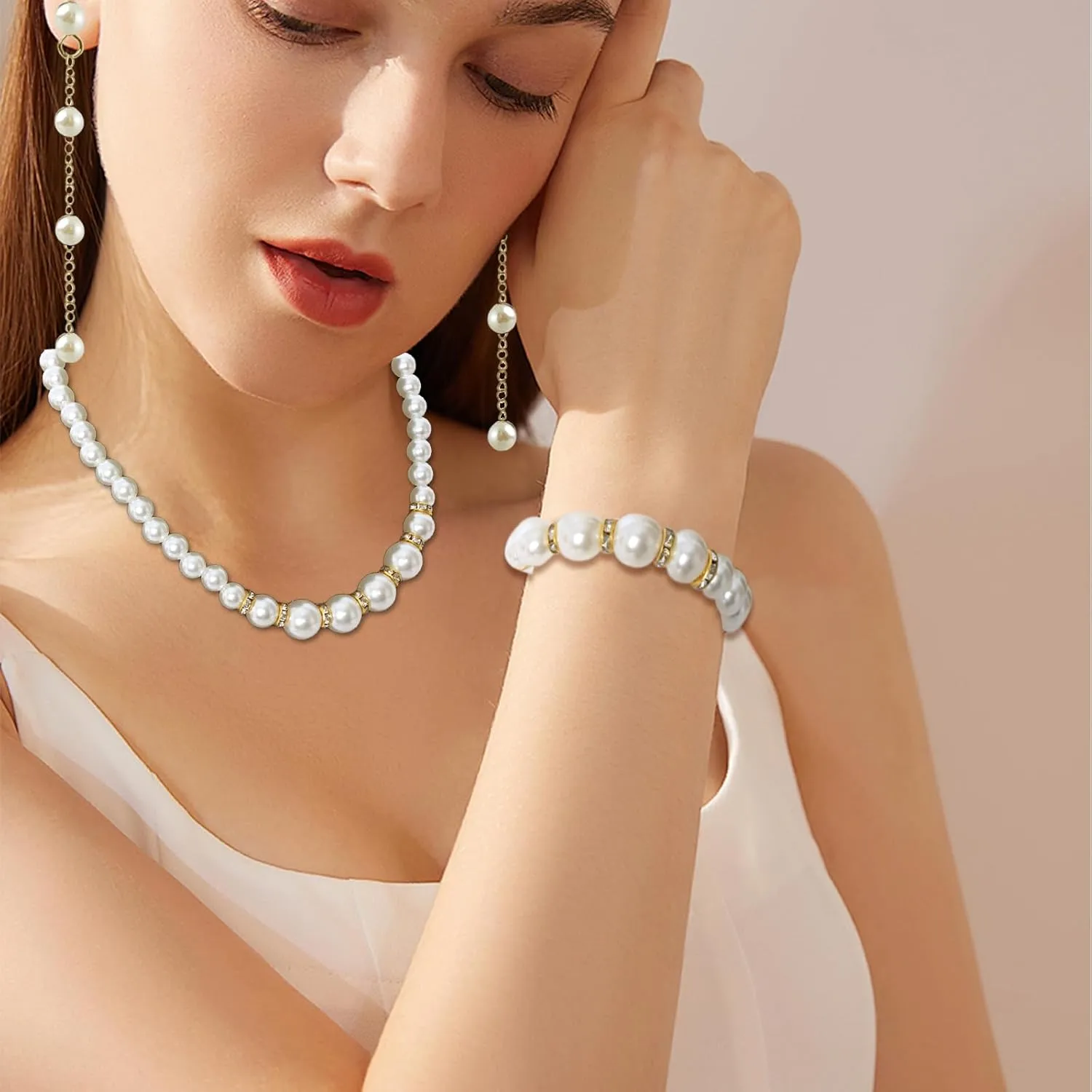 19 Pcs Pearl Necklace Earrings Set for Women 1920s Faux Pearl Necklace Simulated Pearls Bracelet Costume Jewelry Pearls Accessories for Gift Wedding