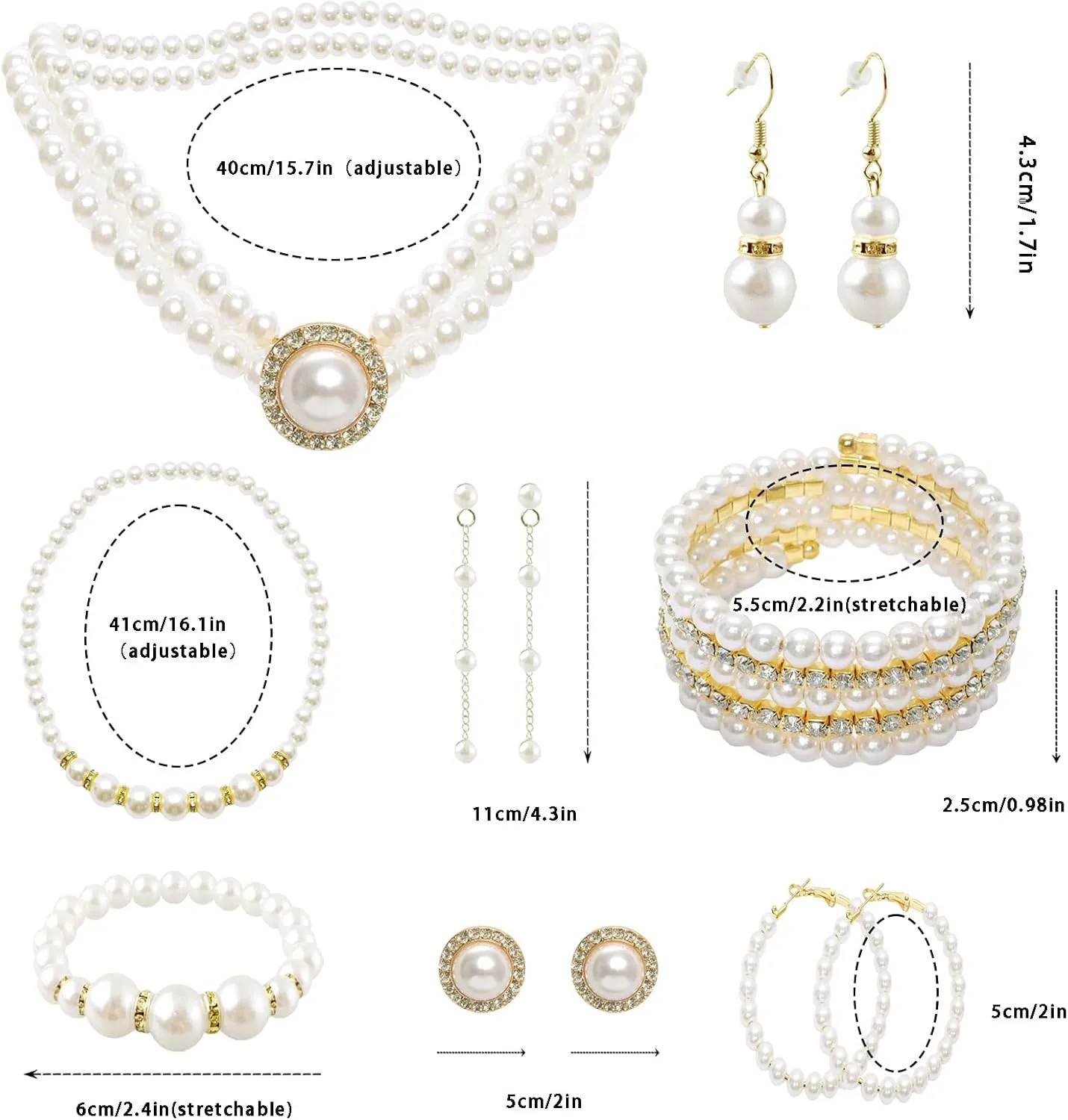 19 Pcs Pearl Necklace Earrings Set for Women 1920s Faux Pearl Necklace Simulated Pearls Bracelet Costume Jewelry Pearls Accessories for Gift Wedding