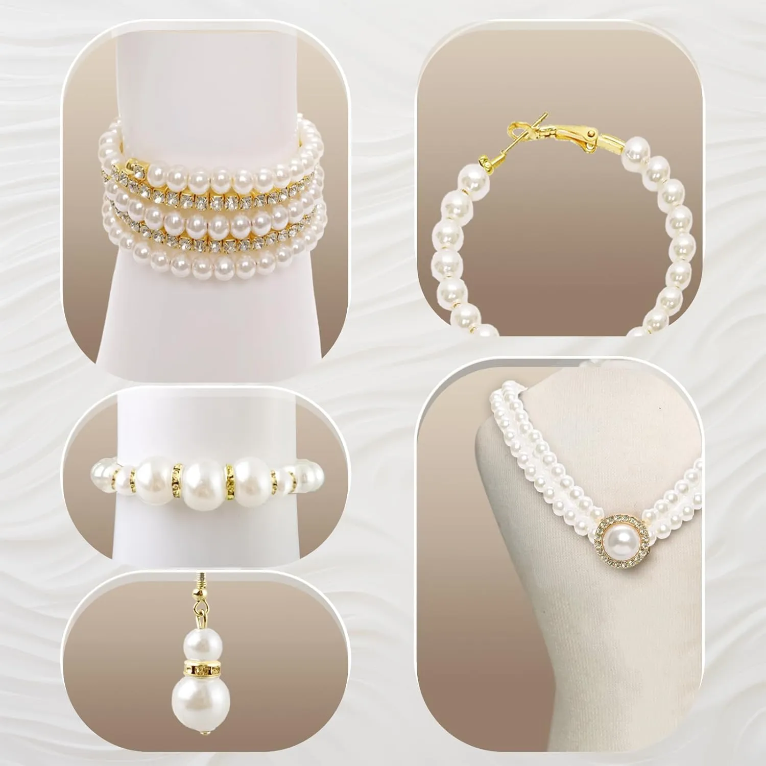 19 Pcs Pearl Necklace Earrings Set for Women 1920s Faux Pearl Necklace Simulated Pearls Bracelet Costume Jewelry Pearls Accessories for Gift Wedding