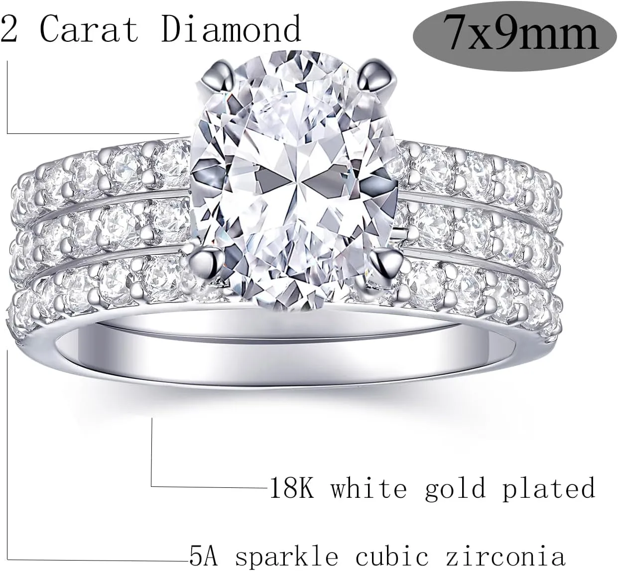 2 Carat Oval Engagement Rings Set for Women | Cubic Zirconia Wedding Sets | Wedding Band Ring | Promise Rings for Her 18K White Gold Plated Jewelry Gifts Size 4-11