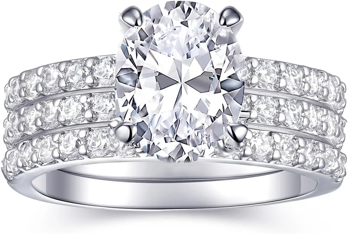 2 Carat Oval Engagement Rings Set for Women | Cubic Zirconia Wedding Sets | Wedding Band Ring | Promise Rings for Her 18K White Gold Plated Jewelry Gifts Size 4-11