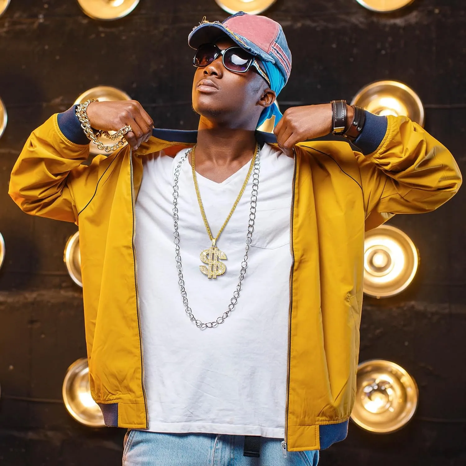 2 Pcs Cuban Link Gold Chain Necklace Set, 80s 90s Costume Jewelry With Big Fake Gold Chains, Dollar Sign Pendant, Hip Hop Rapper Costume Accessories for Men Women Halloween Party