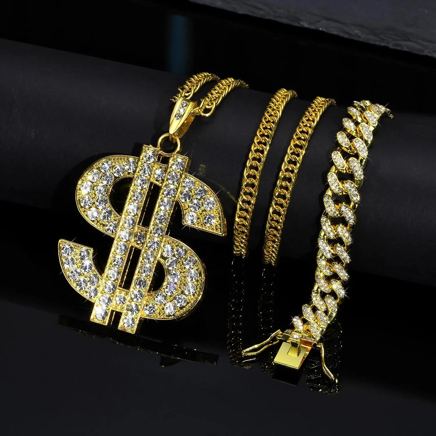 2 Pcs Cuban Link Gold Chain Necklace Set, 80s 90s Costume Jewelry With Big Fake Gold Chains, Dollar Sign Pendant, Hip Hop Rapper Costume Accessories for Men Women Halloween Party
