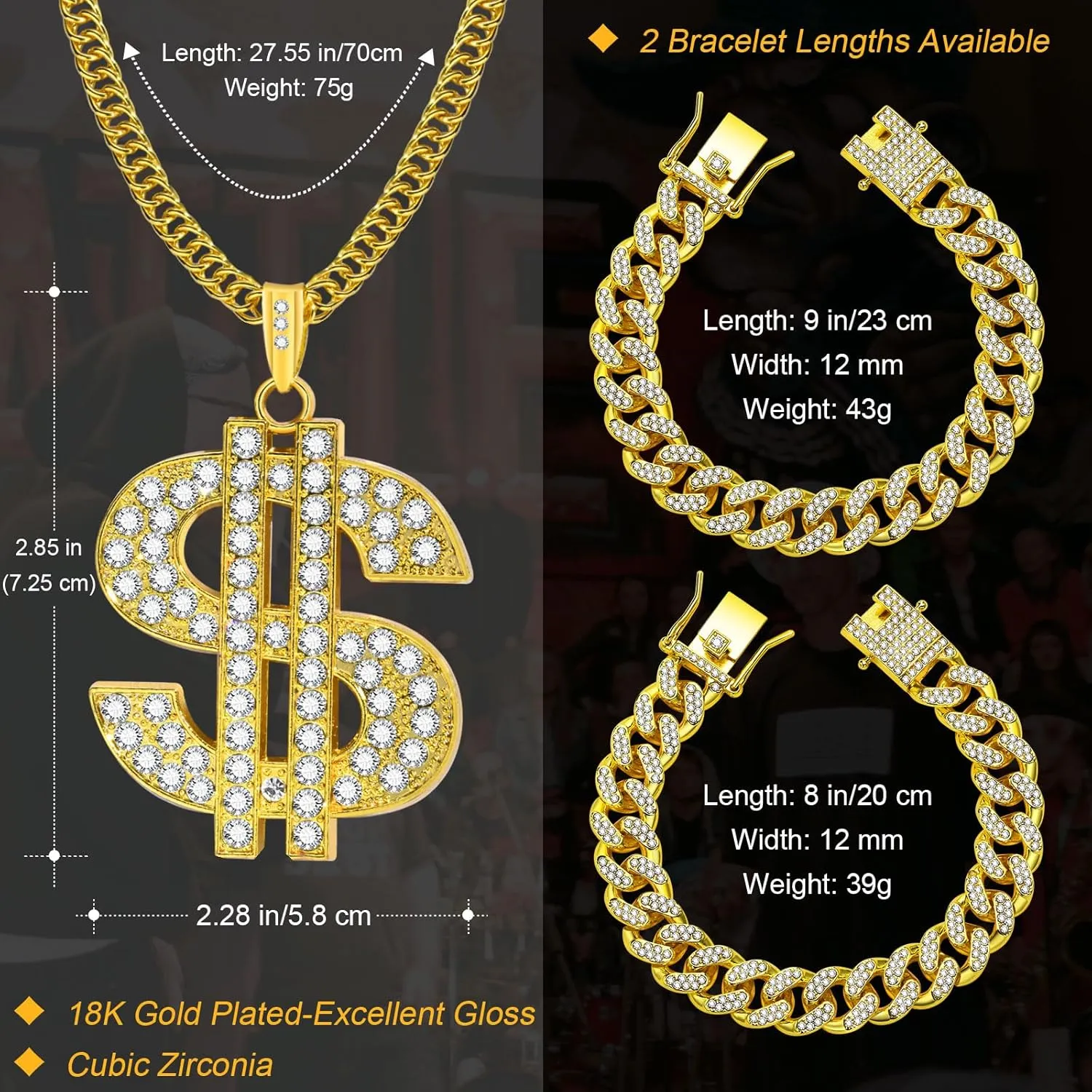 2 Pcs Cuban Link Gold Chain Necklace Set, 80s 90s Costume Jewelry With Big Fake Gold Chains, Dollar Sign Pendant, Hip Hop Rapper Costume Accessories for Men Women Halloween Party