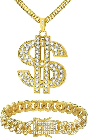 2 Pcs Cuban Link Gold Chain Necklace Set, 80s 90s Costume Jewelry With Big Fake Gold Chains, Dollar Sign Pendant, Hip Hop Rapper Costume Accessories for Men Women Halloween Party