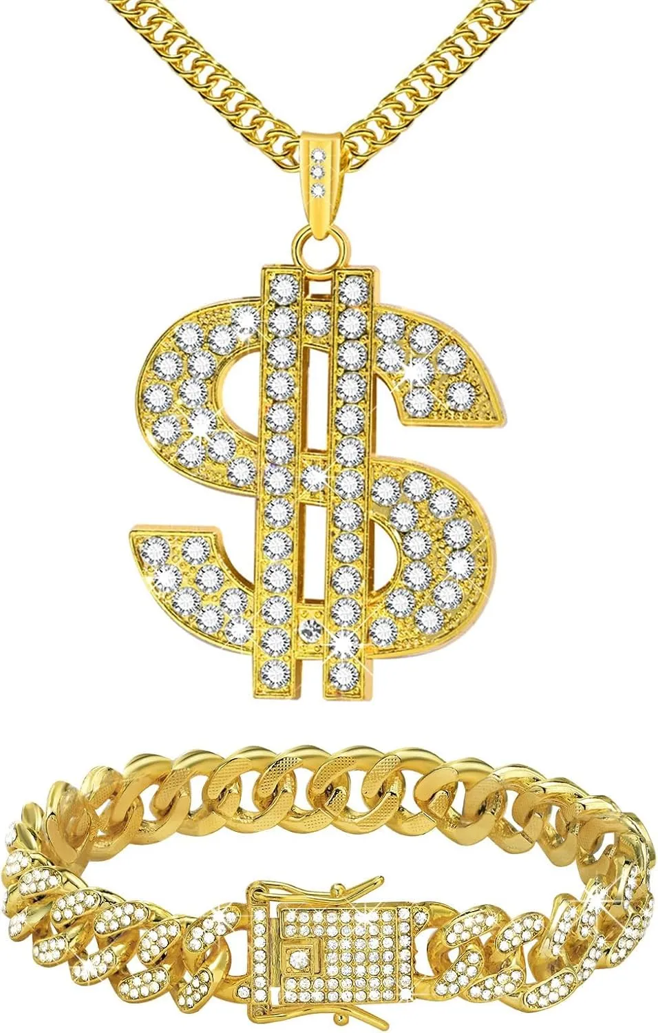 2 Pcs Cuban Link Gold Chain Necklace Set, 80s 90s Costume Jewelry With Big Fake Gold Chains, Dollar Sign Pendant, Hip Hop Rapper Costume Accessories for Men Women Halloween Party