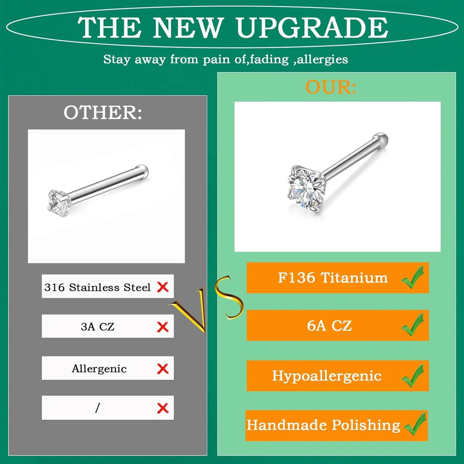 20G Nose Rings Titanium Nose Studs Cubic Zirconia Straight Nose Piercing Jewelry Hypoallergenic Nose Rings Studs for Women Men 6pcs set Silver