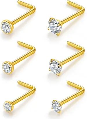 20G Nose Rings Titanium Nose Studs Cubic Zirconia Straight Nose Piercing Jewelry Hypoallergenic Nose Rings Studs for Women Men 6pcs set Silver