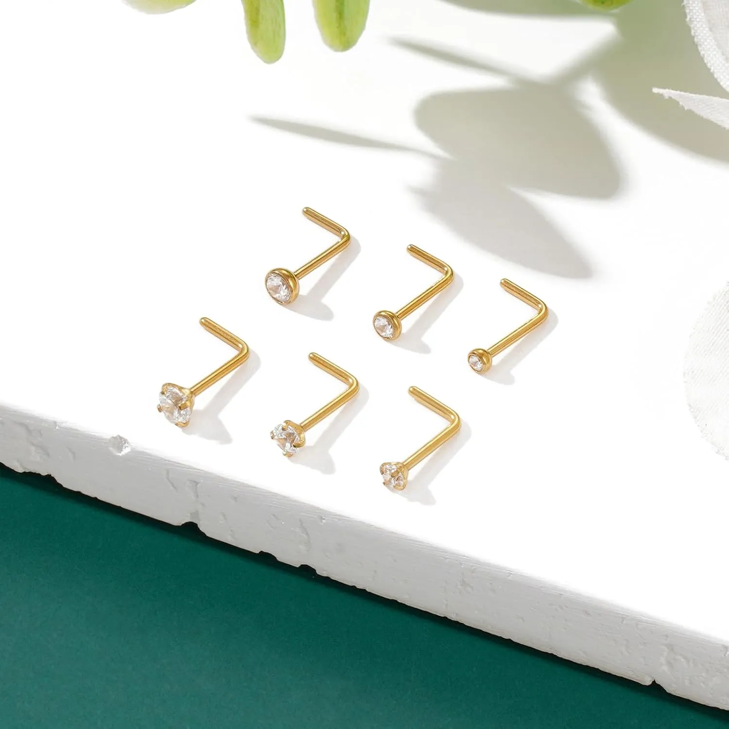 20G Nose Rings Titanium Nose Studs Cubic Zirconia Straight Nose Piercing Jewelry Hypoallergenic Nose Rings Studs for Women Men 6pcs set Silver