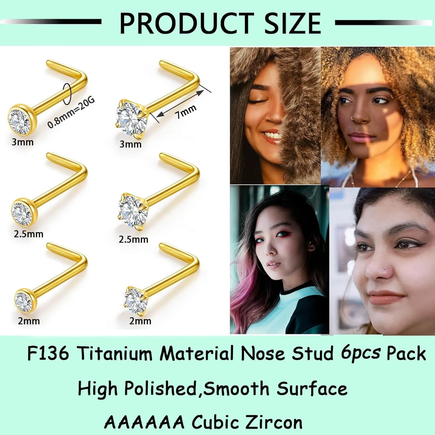 20G Nose Rings Titanium Nose Studs Cubic Zirconia Straight Nose Piercing Jewelry Hypoallergenic Nose Rings Studs for Women Men 6pcs set Silver