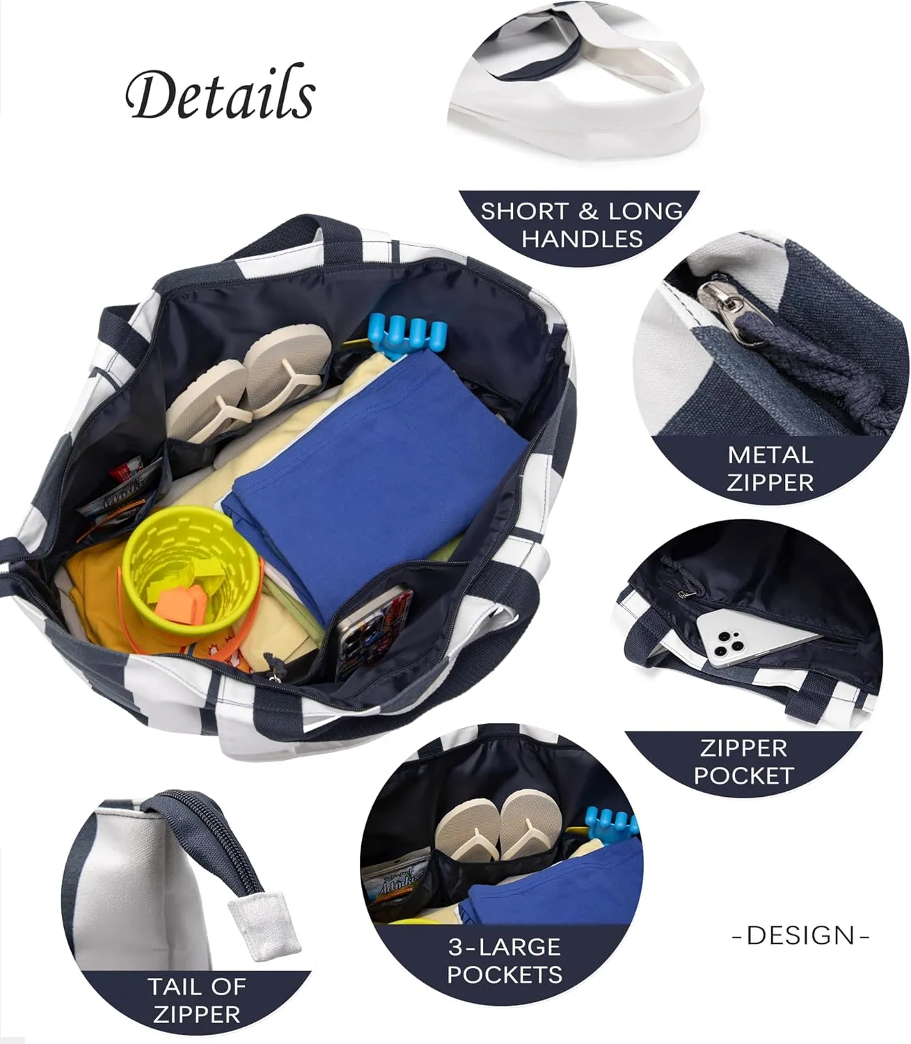 22'' 50L Large Beach Bag, Extra Large Tote Bag for Women, Oversized Tote Bag, Overnight Bags for Travel Blue White