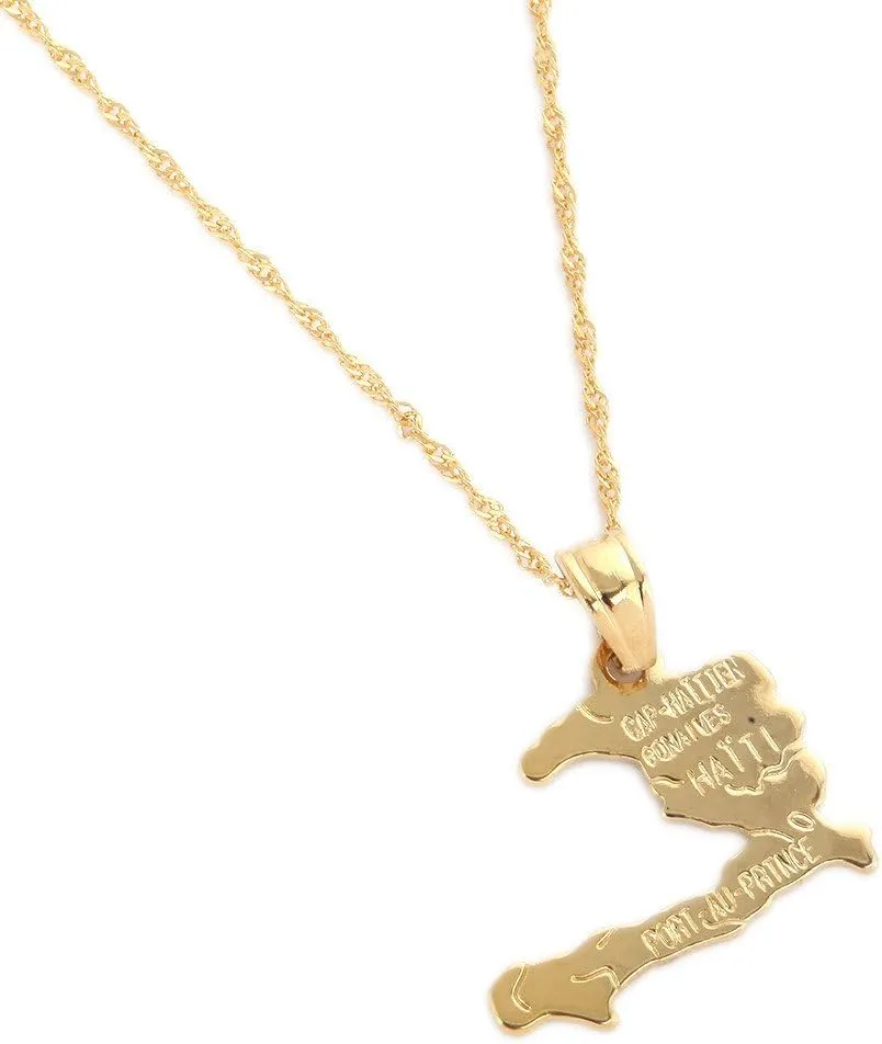 24K Gold Plated The Republic of Haiti Map Pendant Necklace Chain Port-AU-Prince Map Jewelry