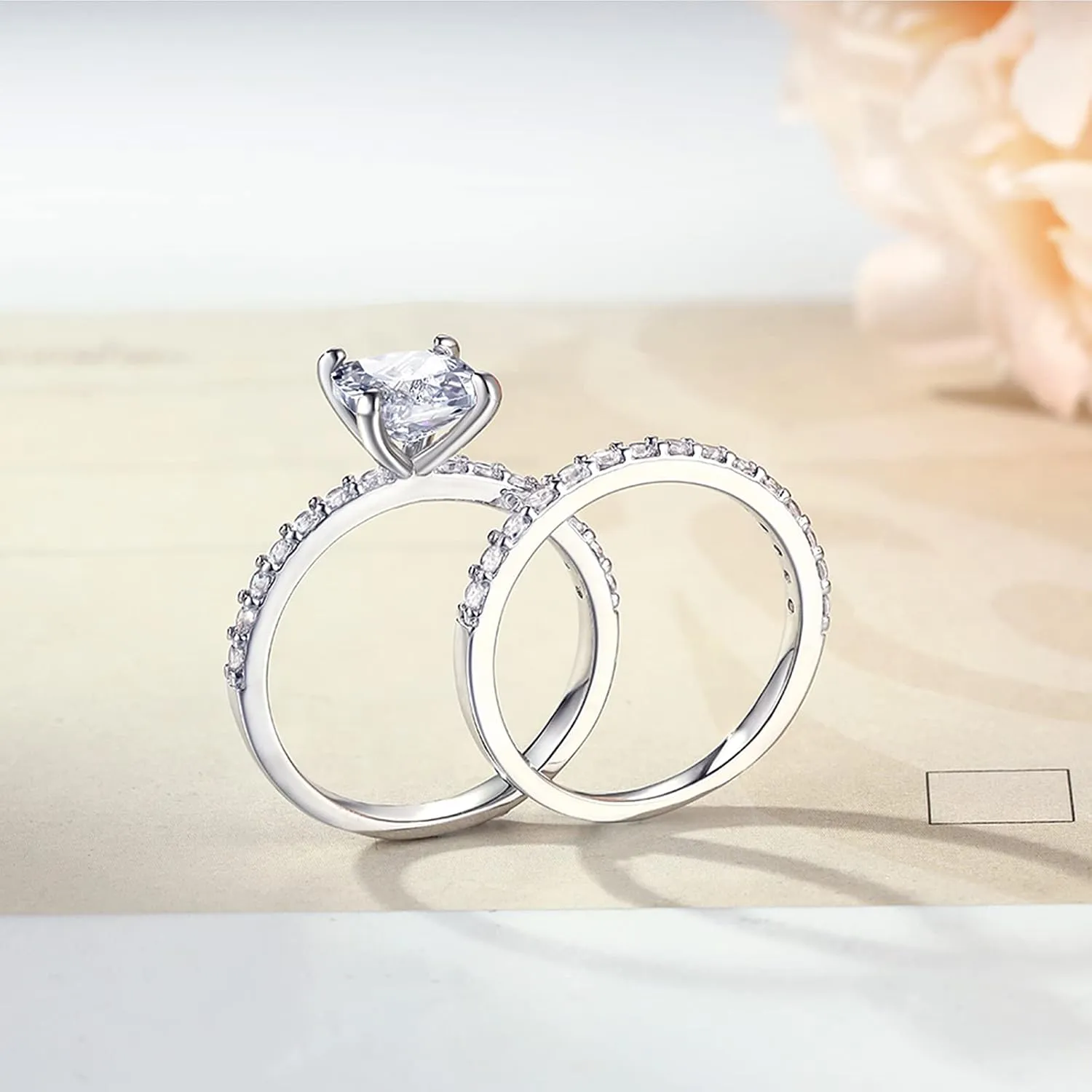 2CT Cushion Cut Engagement Rings for Women Fake Wedding Ring Band Promise Rings for Her, Sparkle CZ Ring Set 2 PCS, Size 4-11